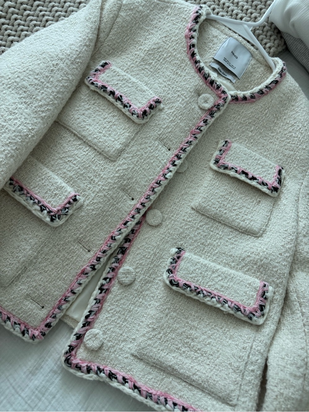Mango Womens Tweed Jacket with Pink Trim